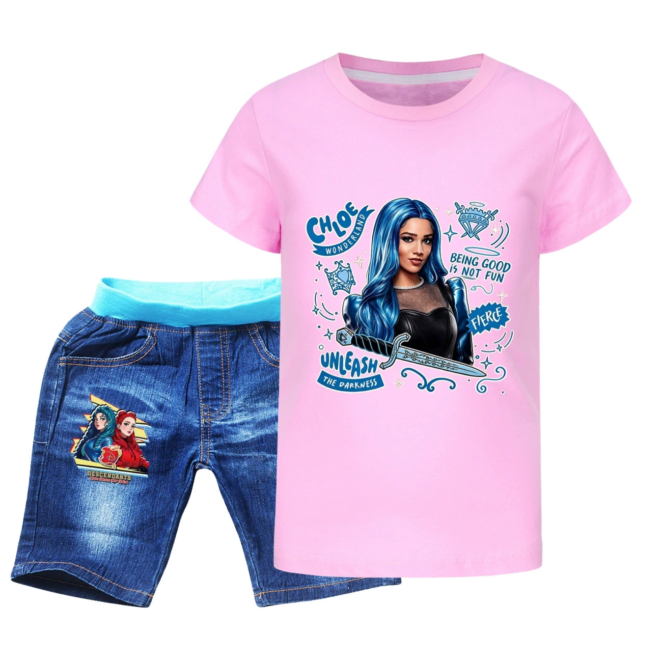Graphic Tee & Denim Shorts Set — 5796 Edition, Style 07 · Denim · Pink