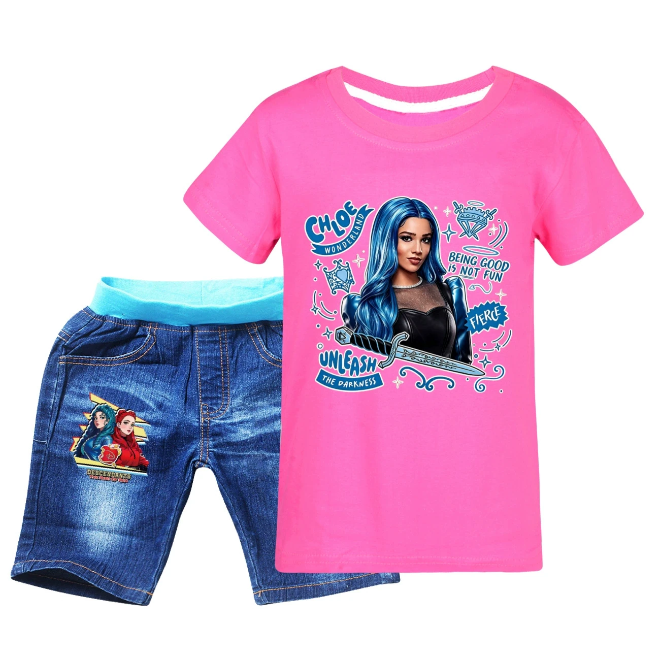 Graphic Tee & Denim Shorts Set — 5796 Edition, Style 08 · Denim · Rose