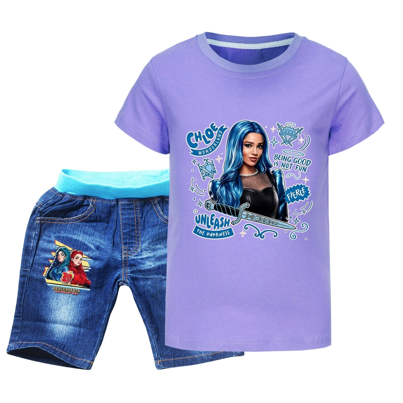Graphic Tee & Denim Shorts Set — 5796 Edition, Style 09 · Denim · Purple