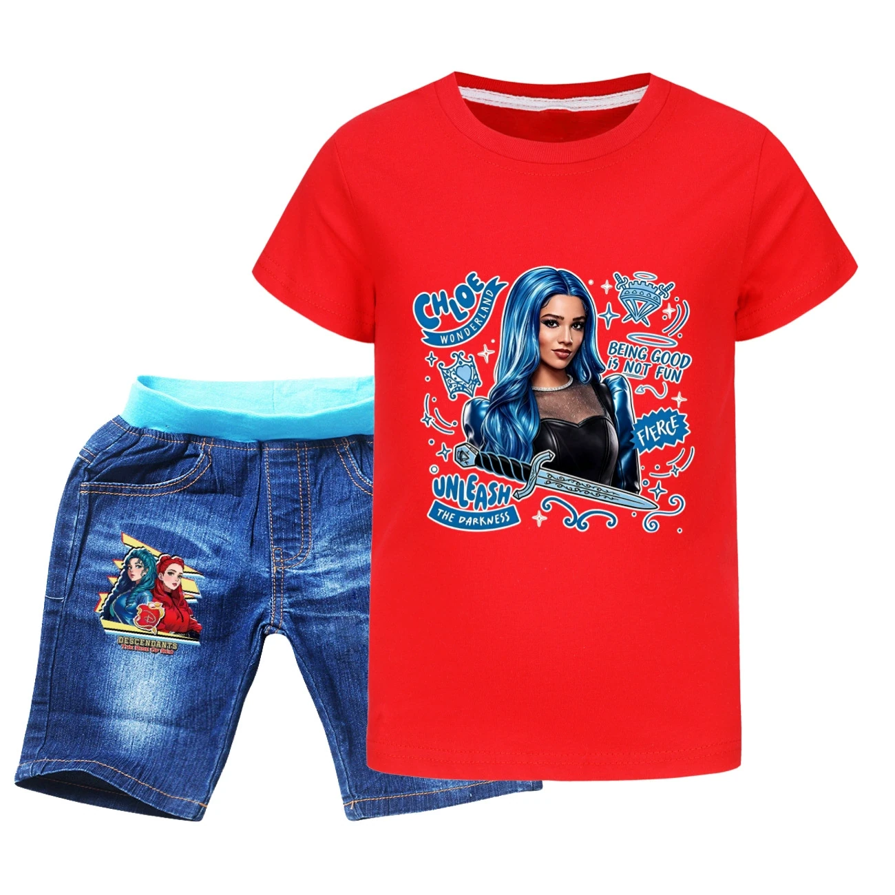 Graphic Tee & Denim Shorts Set — 5796 Edition, Style 10 · Denim · Red