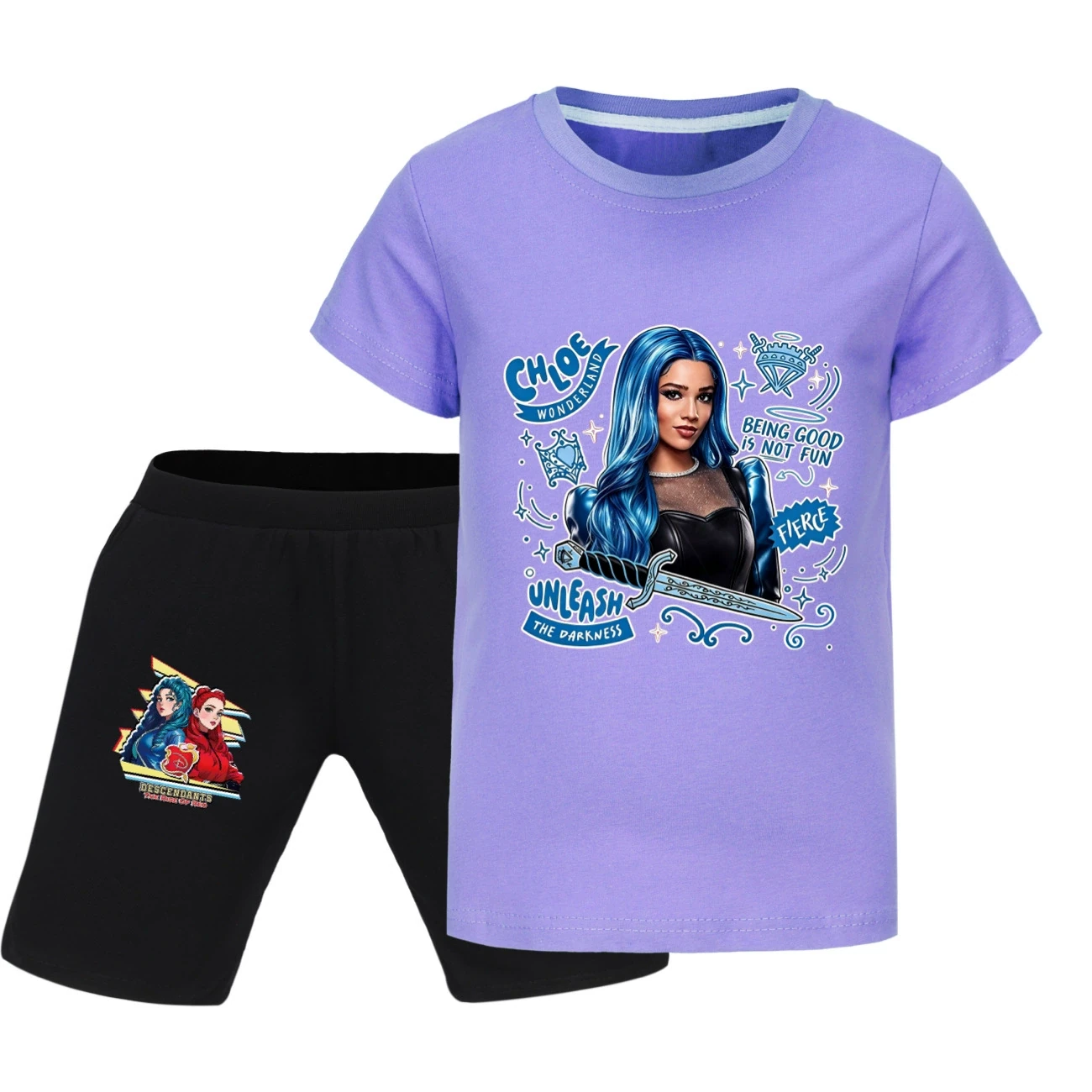 Graphic Tee & Denim Shorts Set — 5796 Edition, Style 13 · Purple