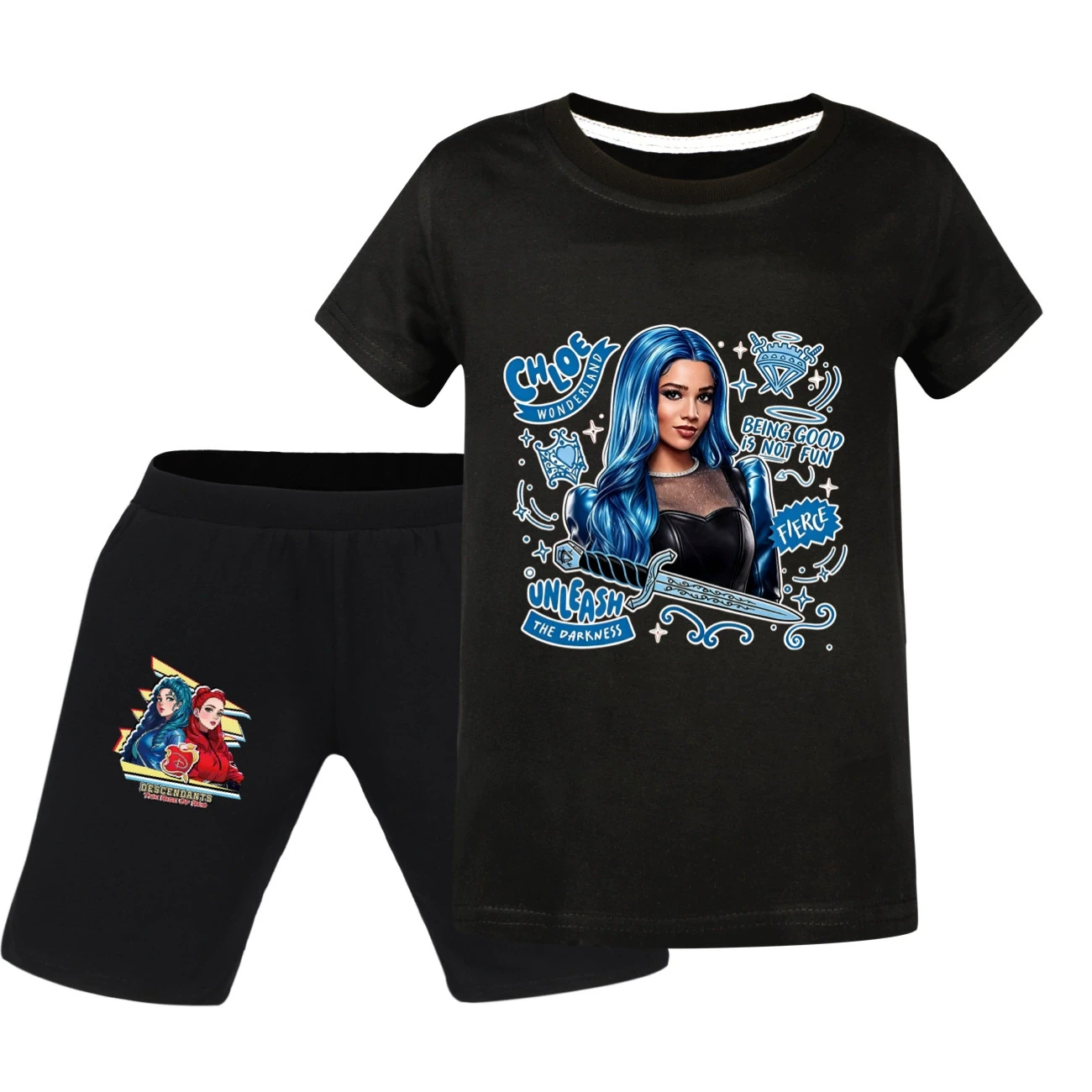 Graphic Tee & Denim Shorts Set — 5796 Edition, Style 15 · Black