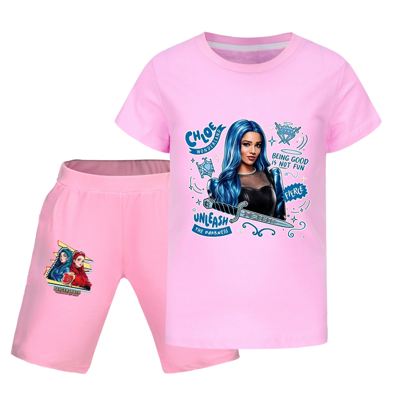 Graphic Tee & Denim Shorts Set — 5796 Edition, Style 29 · Pink