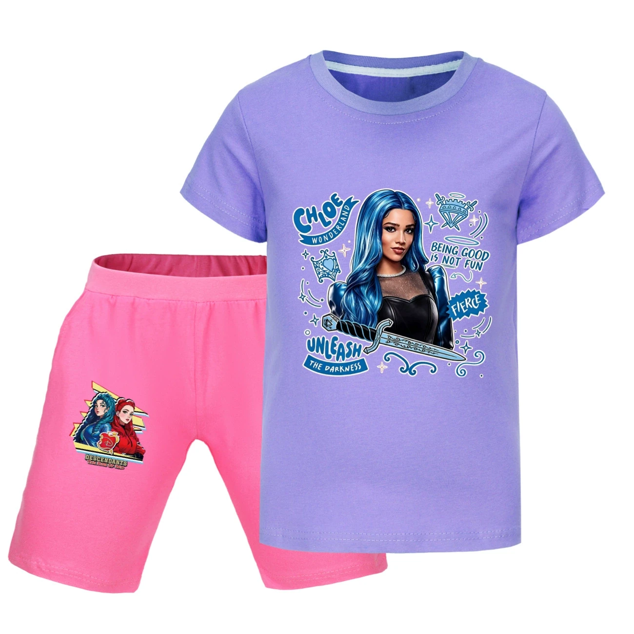 Graphic Tee & Denim Shorts Set — 5796 Edition, Style 34 · Purple