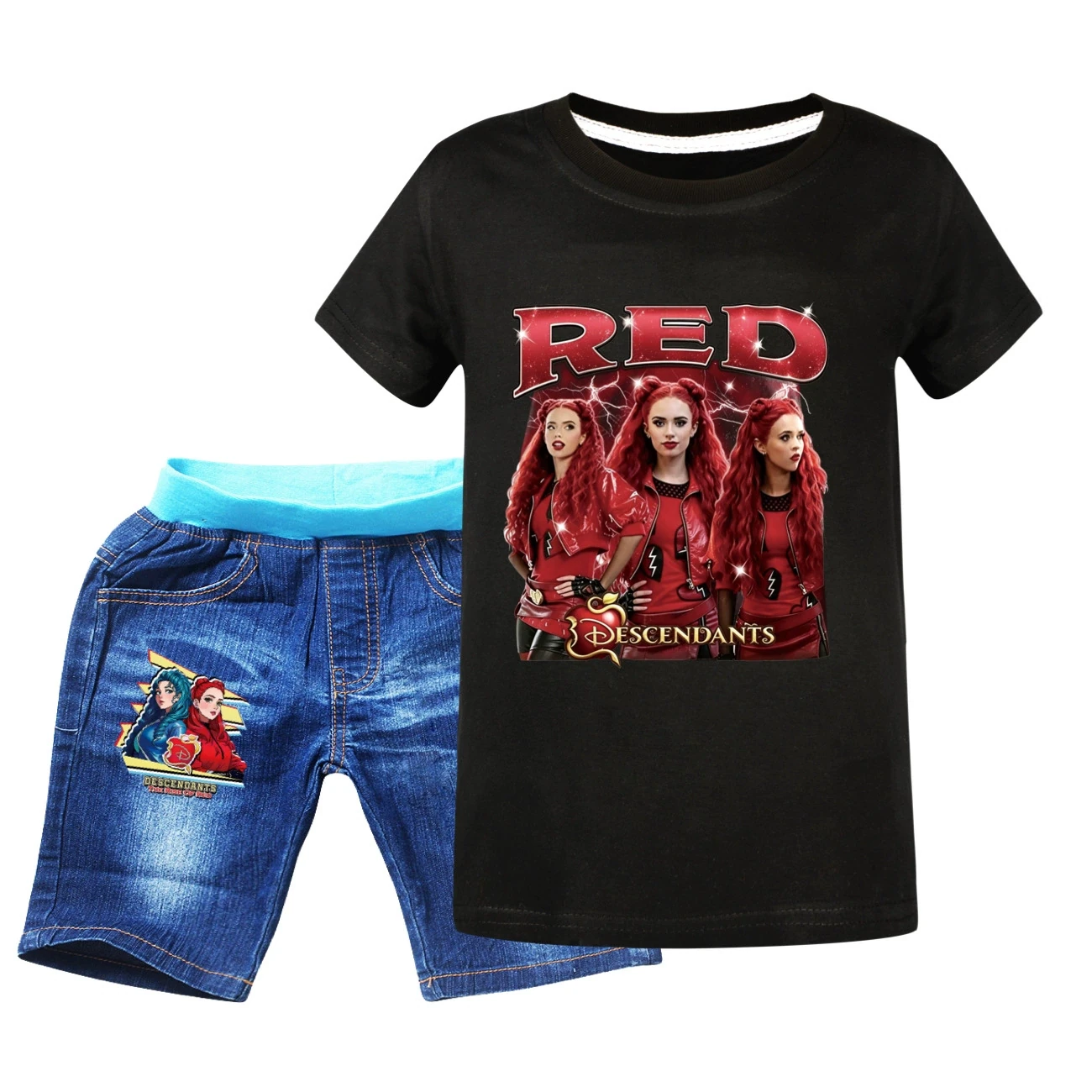 Graphic Tee & Denim Shorts Set — 5797 Edition, Style 06 · Denim · Black