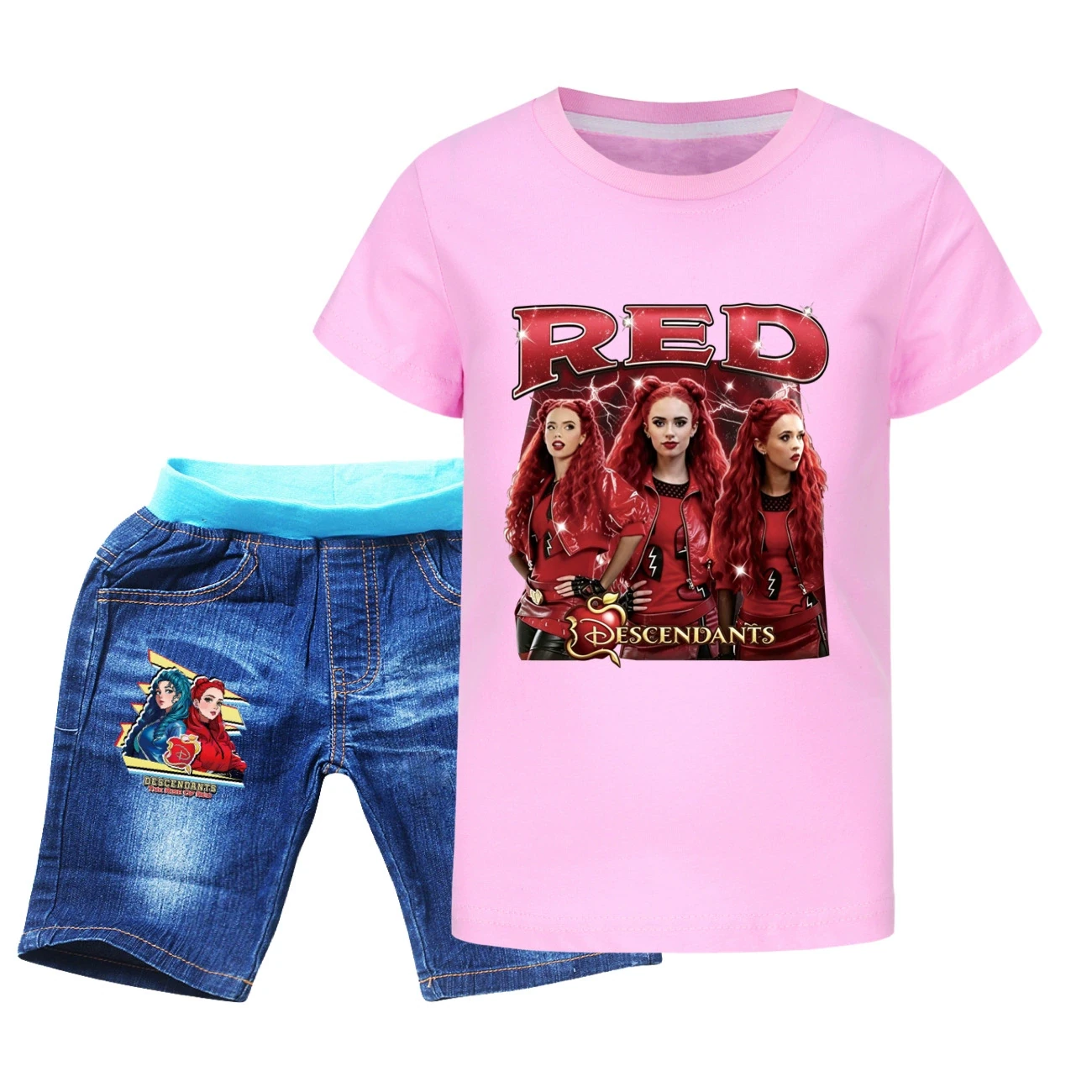 Graphic Tee & Denim Shorts Set — 5797 Edition, Style 07 · Denim · Pink