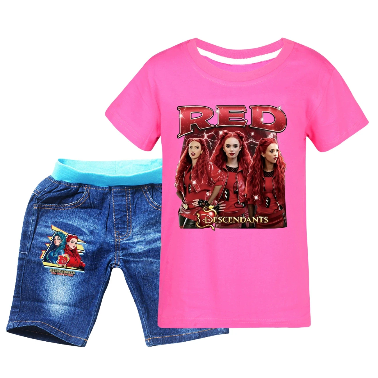 Graphic Tee & Denim Shorts Set — 5797 Edition, Style 08 · Denim · Rose
