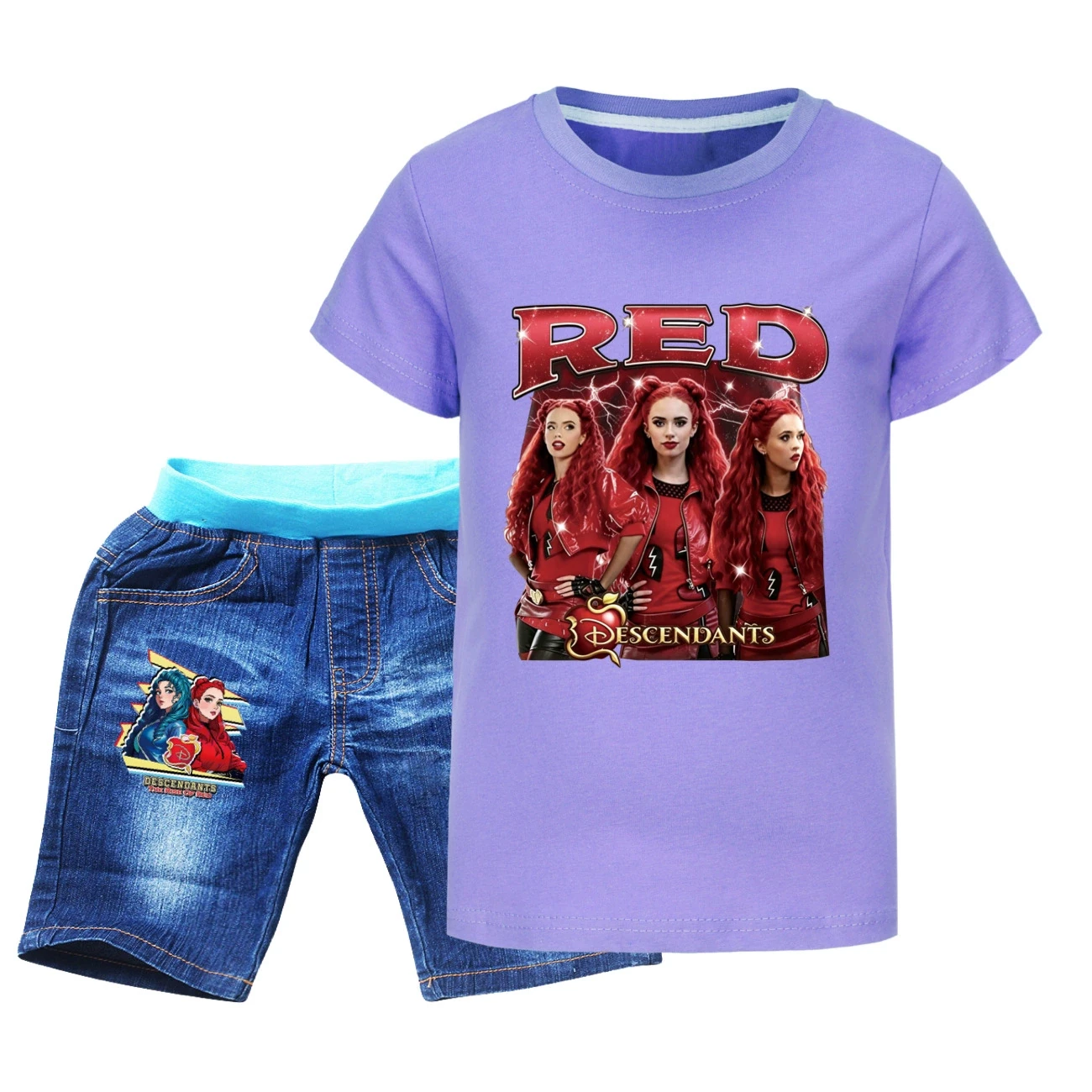 Graphic Tee & Denim Shorts Set — 5797 Edition, Style 09 · Denim · Purple
