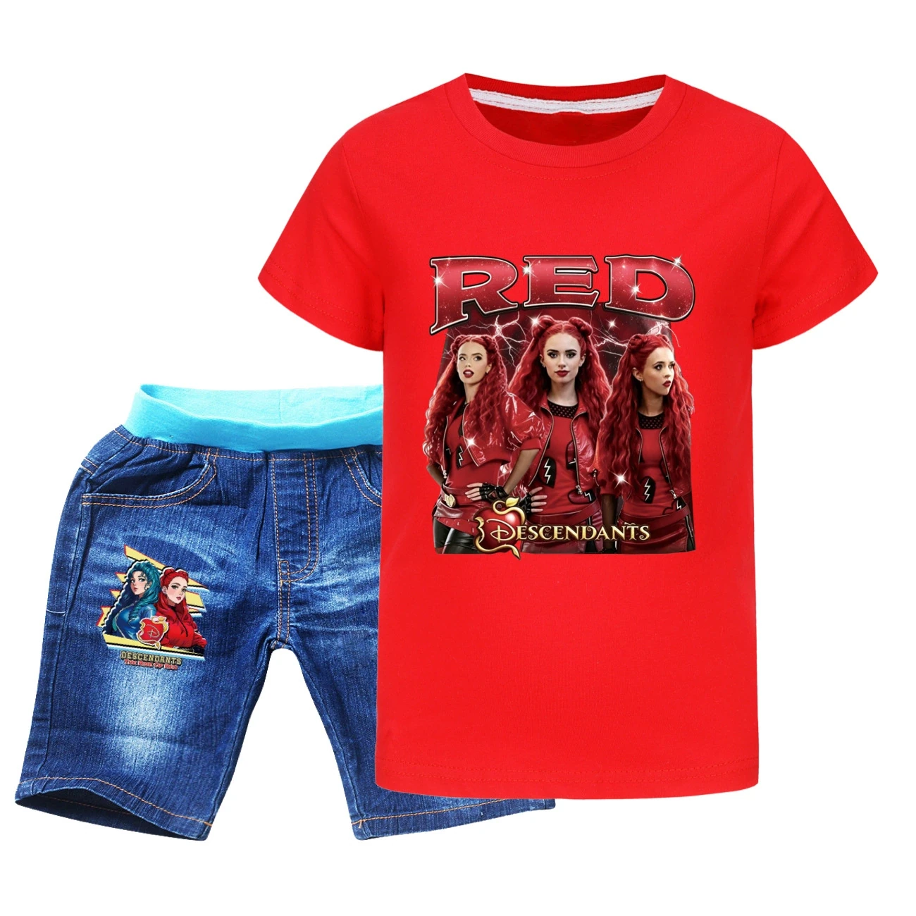 Graphic Tee & Denim Shorts Set — 5797 Edition, Style 10 · Denim · Red