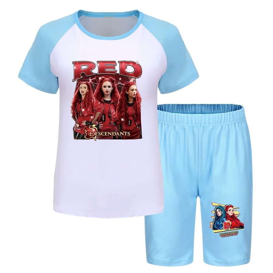 Graphic Top & Active Bottoms Set, Style 19 · Short Sleeve · Longline Shorts · Light Blue