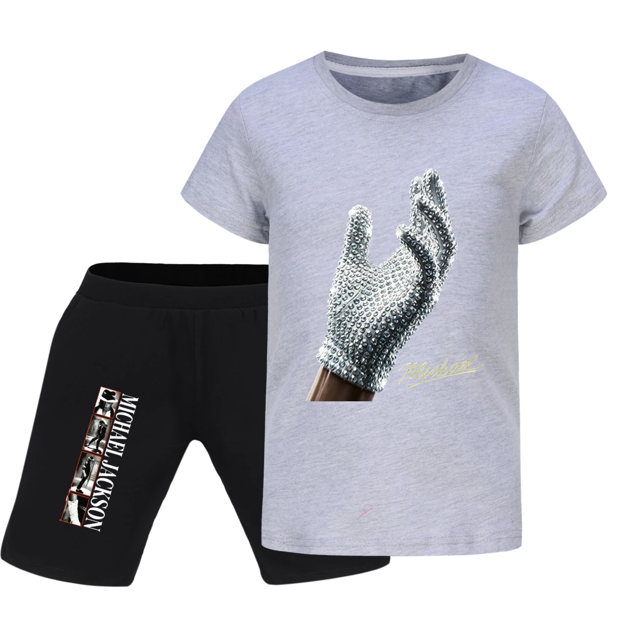 Spotlight Graphic Tee & Denim Shorts Set, Style 14 · Grey