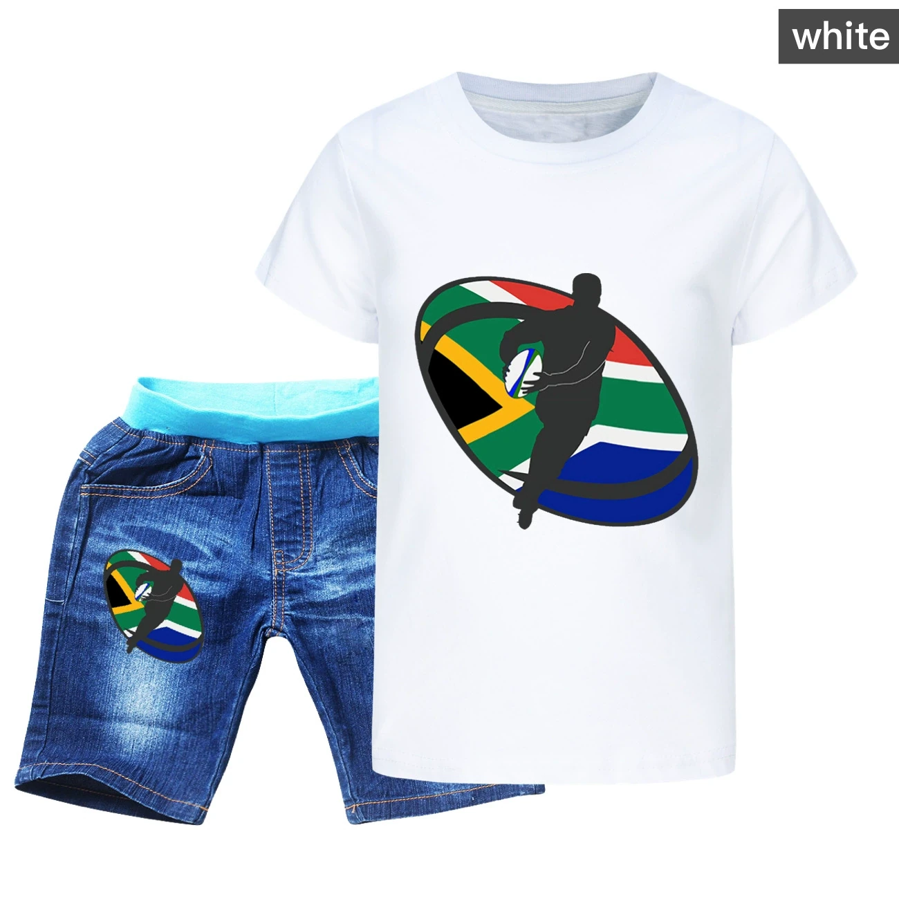 Graphic Tee & Denim Shorts Set — 5807 Edition, Style 02 · Denim · White