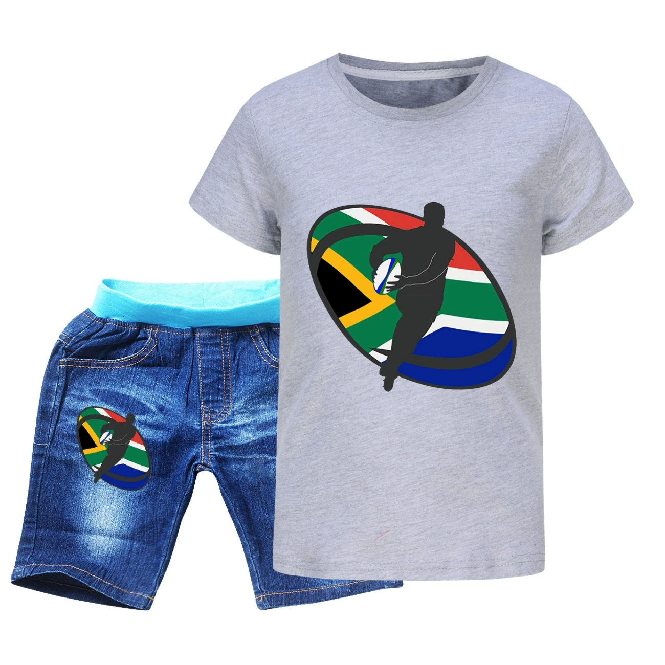 Graphic Tee & Denim Shorts Set — 5807 Edition, Style 03 · Denim · Grey