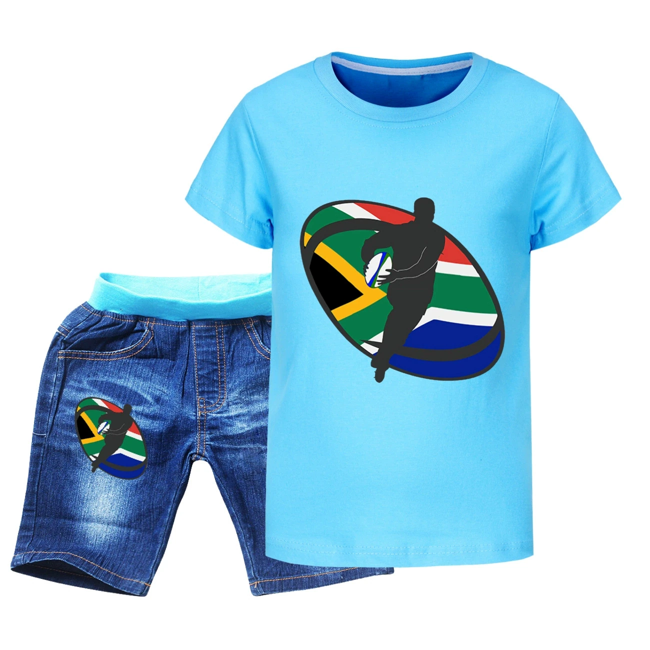 Graphic Tee & Denim Shorts Set — 5807 Edition, Style 04 · Denim · Light Blue