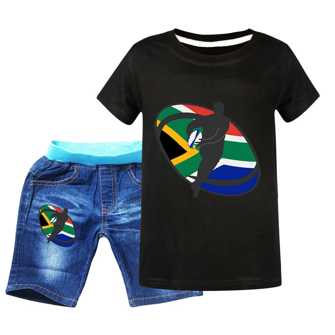 Graphic Tee & Denim Shorts Set — 5807 Edition, Style 06 · Denim · Black
