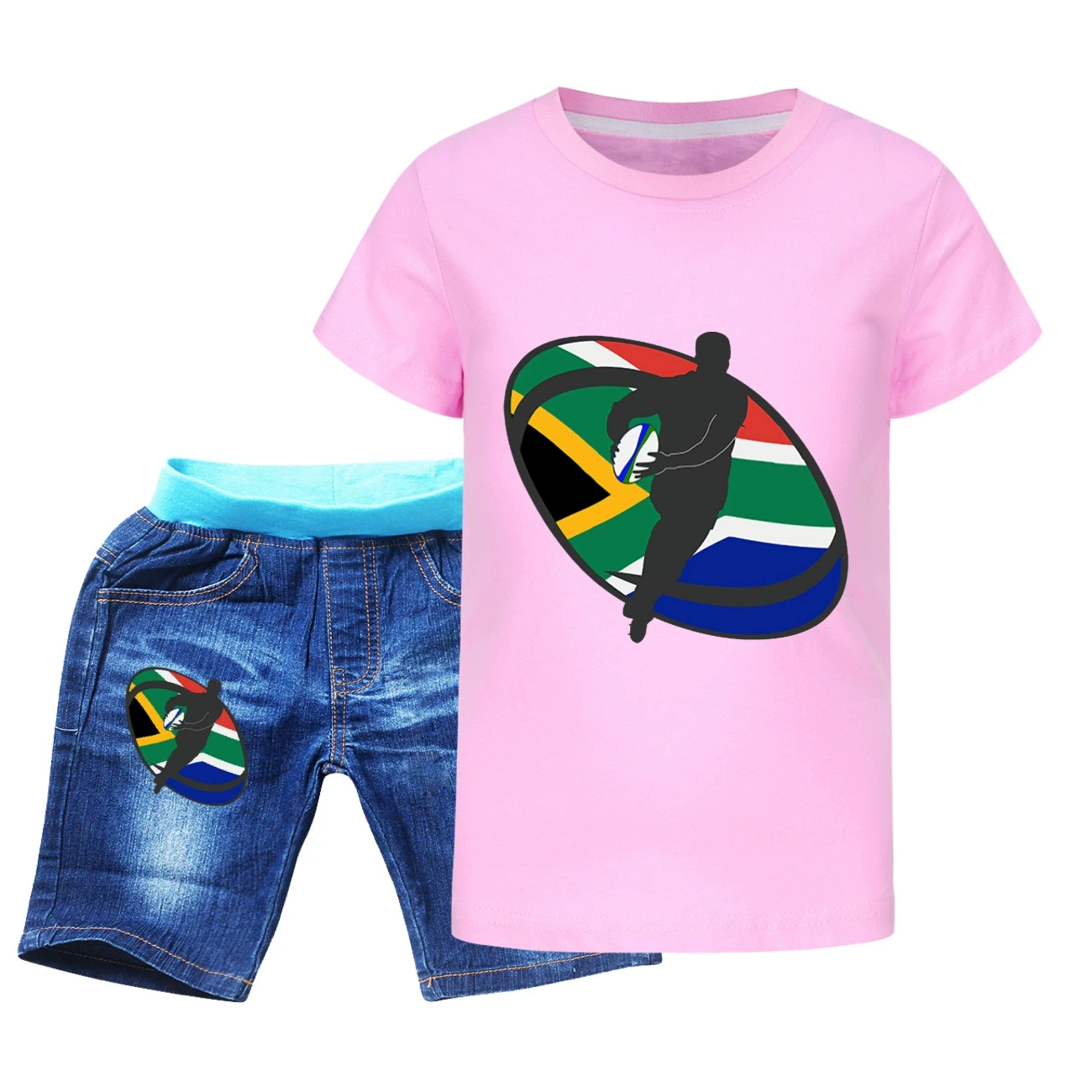 Graphic Tee & Denim Shorts Set — 5807 Edition, Style 07 · Denim · Pink