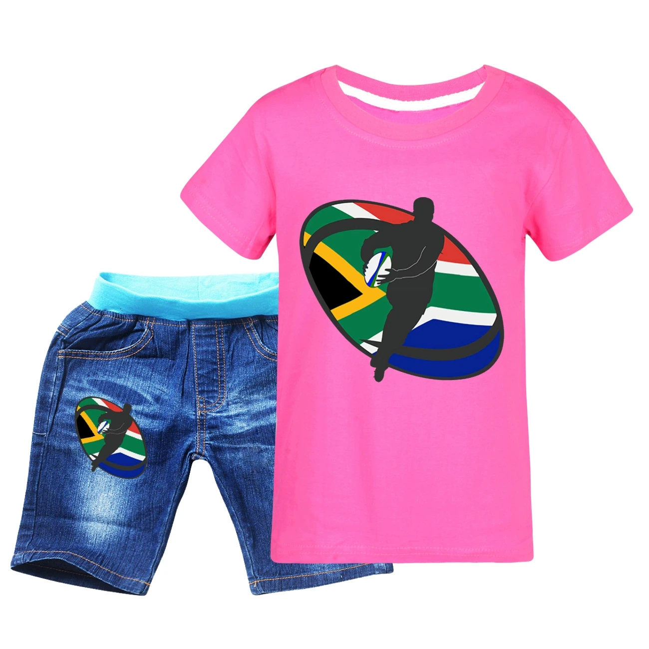Graphic Tee & Denim Shorts Set — 5807 Edition, Style 08 · Denim · Rose