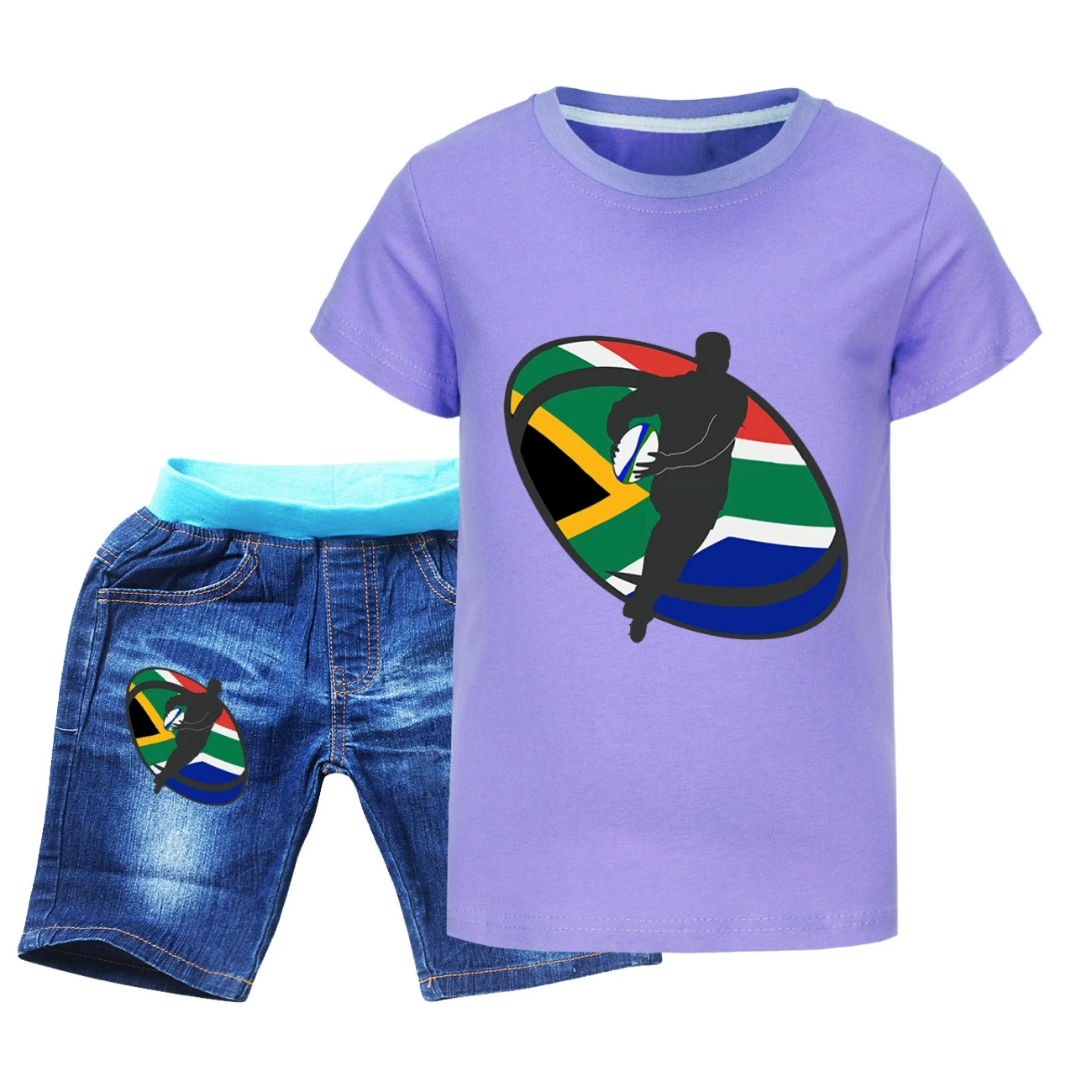 Graphic Tee & Denim Shorts Set — 5807 Edition, Style 09 · Denim · Purple