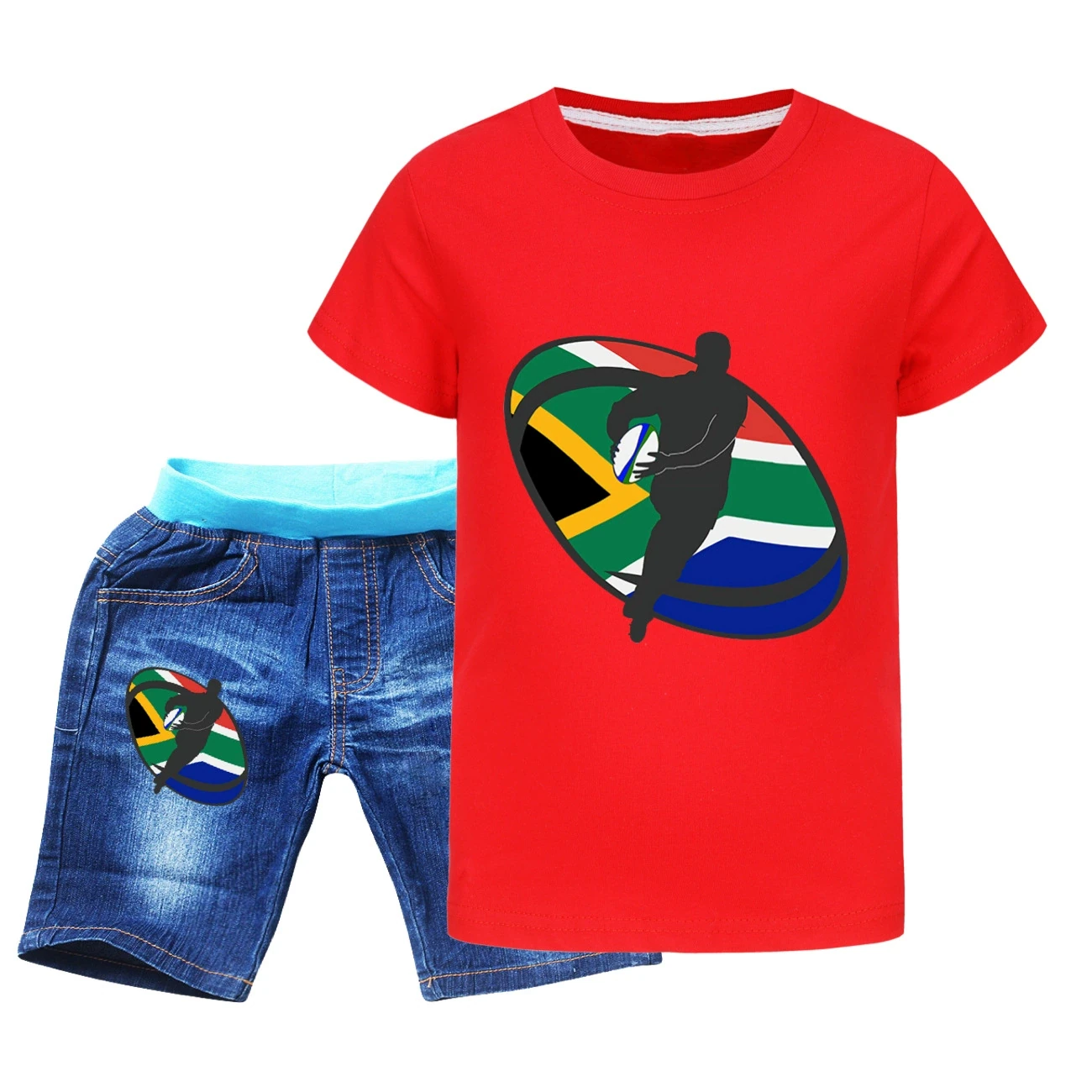 Graphic Tee & Denim Shorts Set — 5807 Edition, Style 10 · Denim · Red