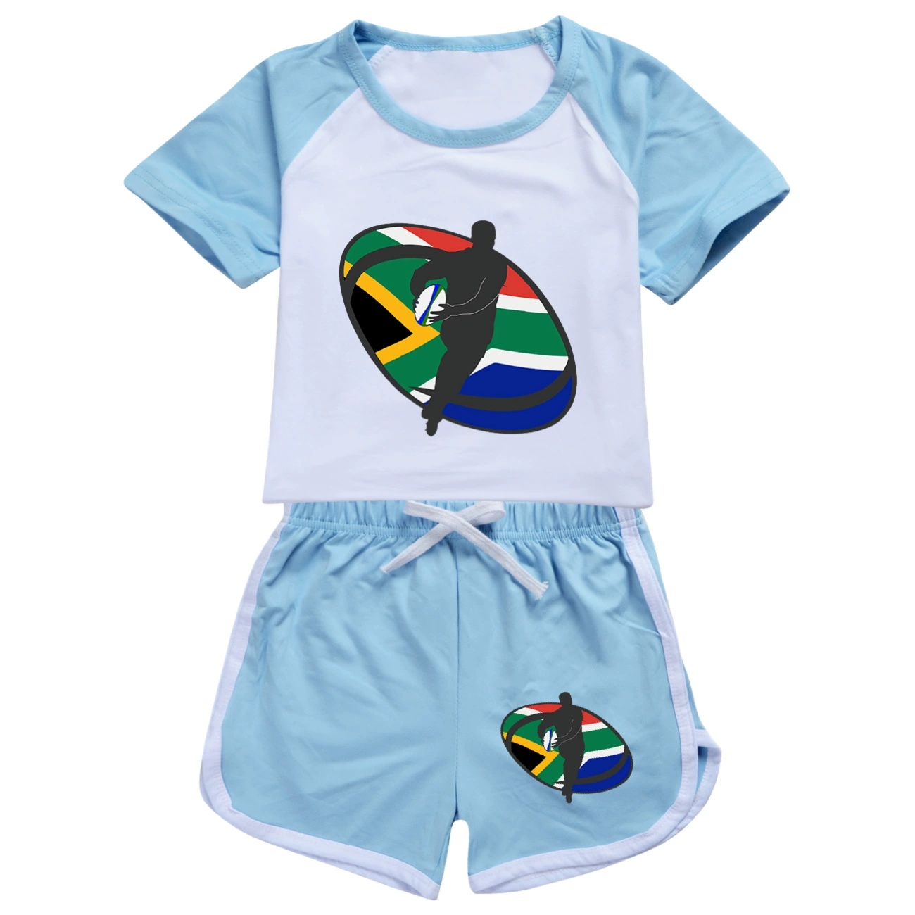 Rugby Graphic Active Play Set, Style 04 · Crop Tee · Dolphin Shorts · Light Blue