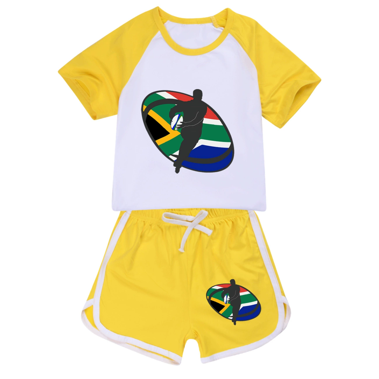 Rugby Graphic Active Play Set, Style 08 · Crop Tee · Dolphin Shorts · Yellow