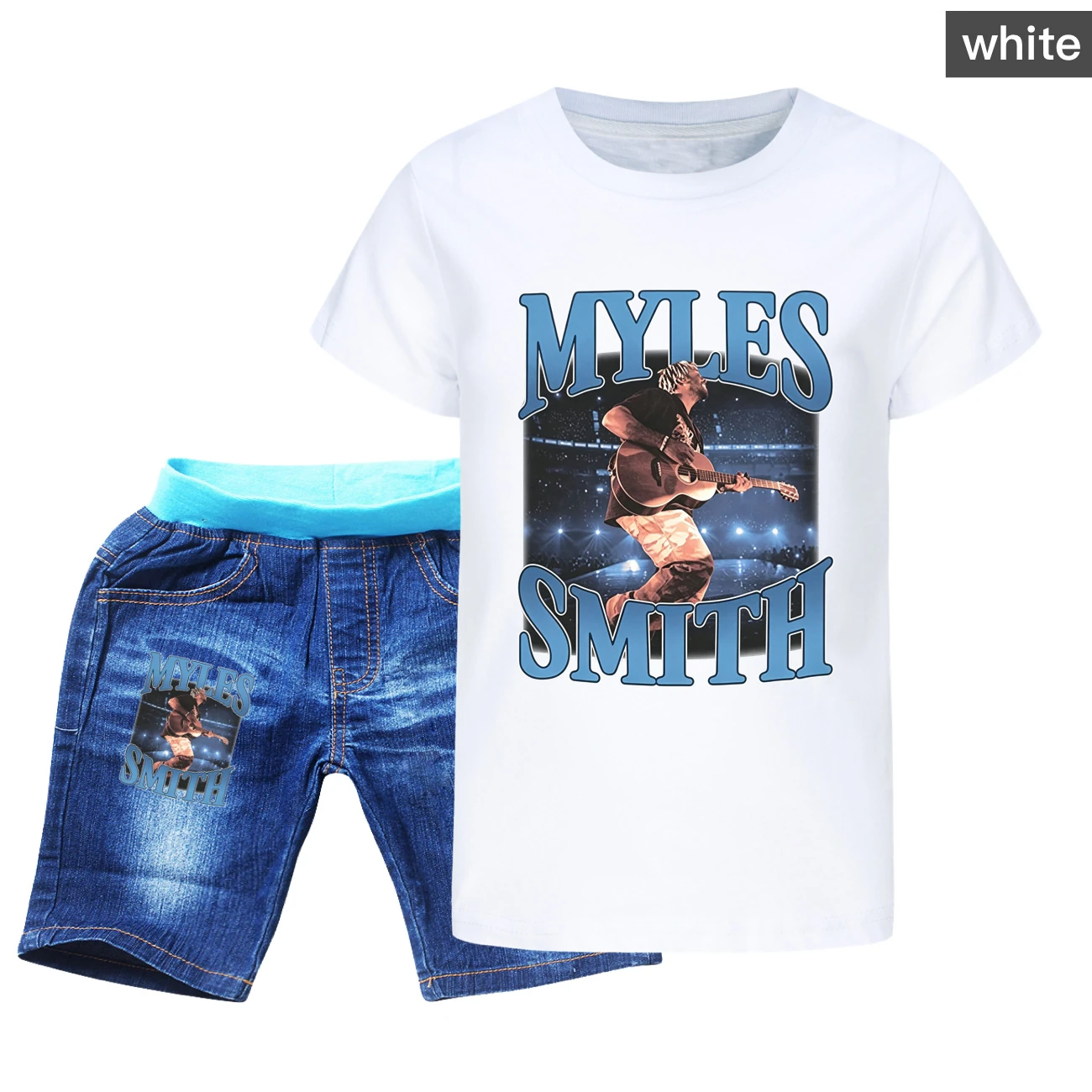 Graphic Tee & Denim Shorts Set — 5808 Edition, Style 02 · Denim · White