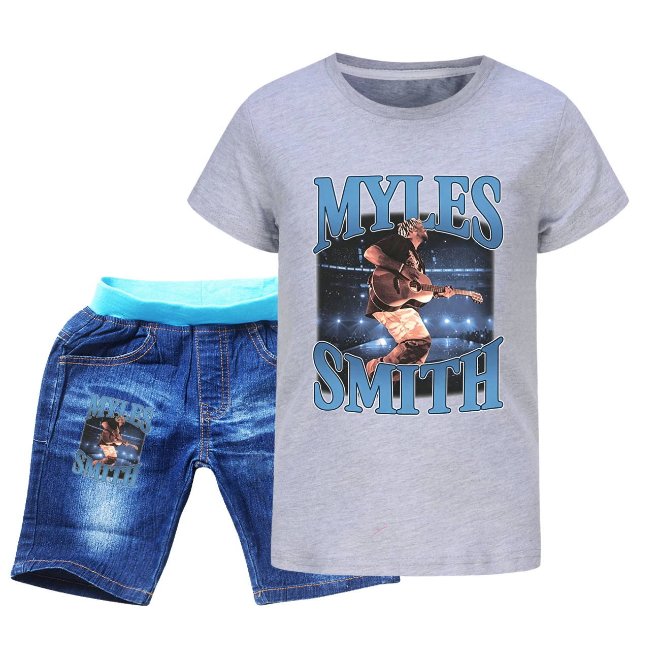 Graphic Tee & Denim Shorts Set — 5808 Edition, Style 03 · Denim · Grey