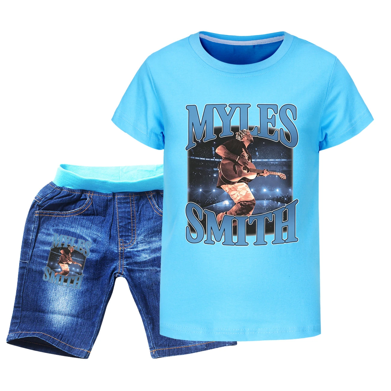 Graphic Tee & Denim Shorts Set — 5808 Edition, Style 04 · Denim · Light Blue