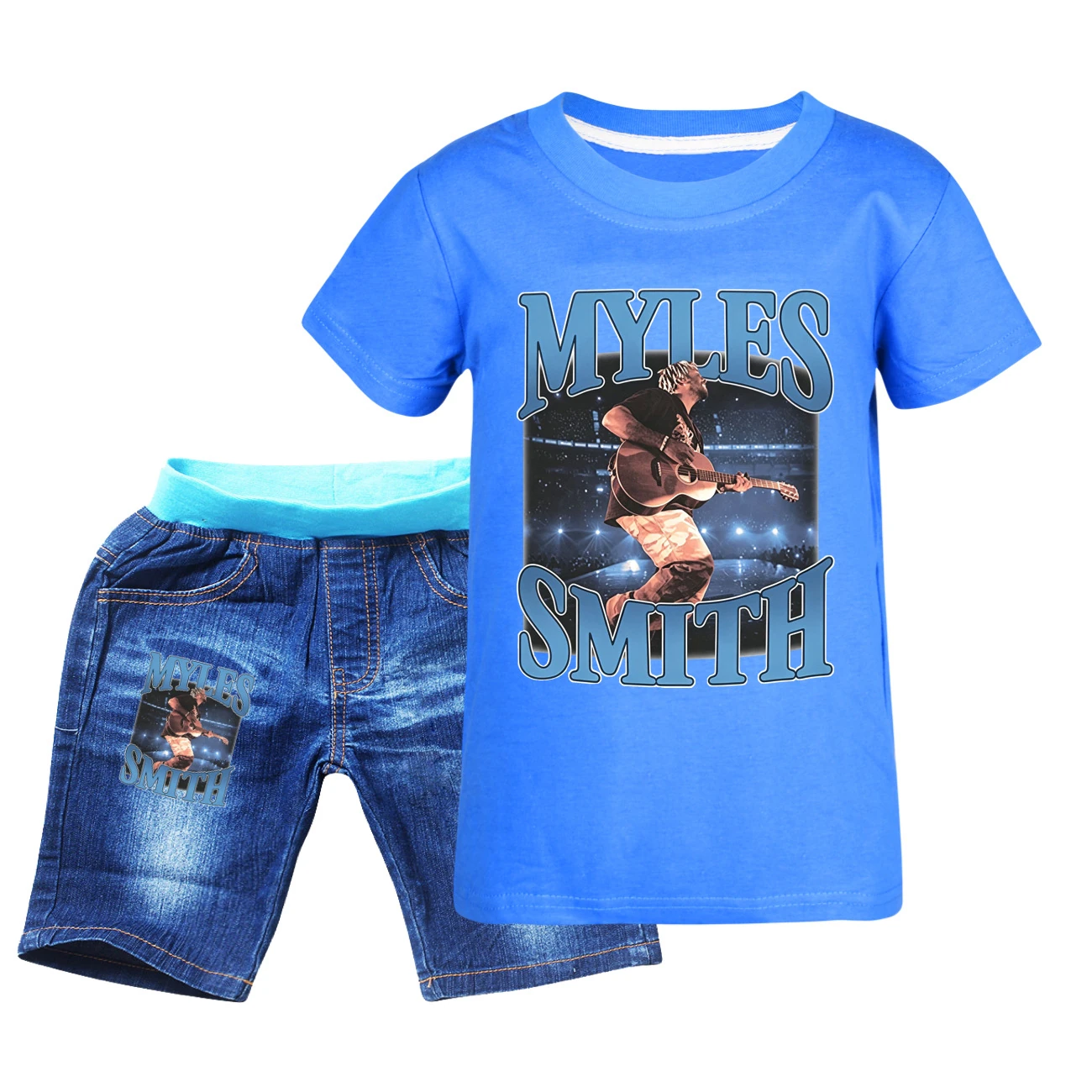 Graphic Tee & Denim Shorts Set — 5808 Edition, Style 05 · Denim · Blue