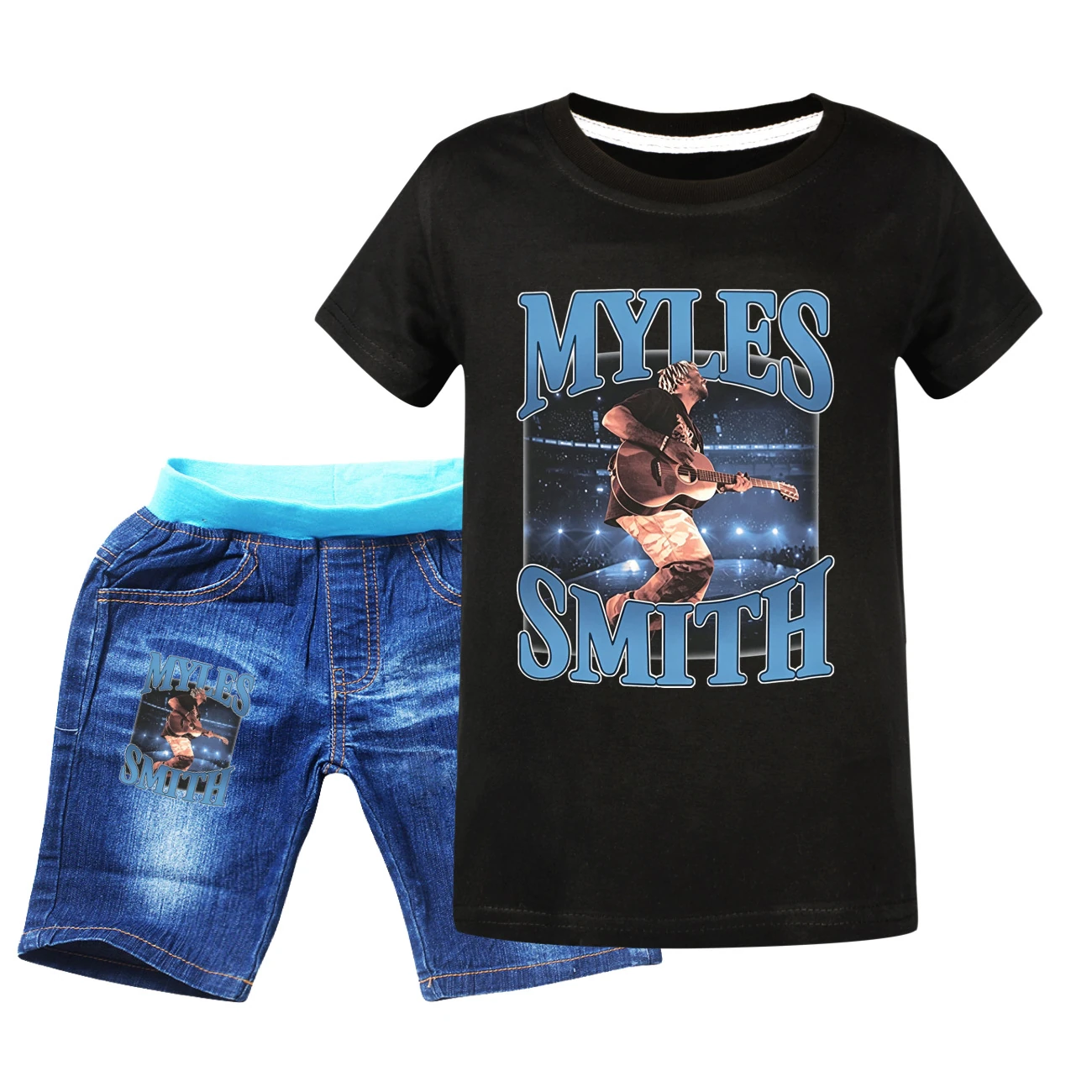 Graphic Tee & Denim Shorts Set — 5808 Edition, Style 06 · Denim · Black