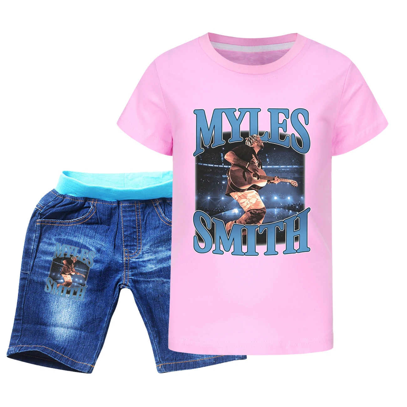 Graphic Tee & Denim Shorts Set — 5808 Edition, Style 07 · Denim · Pink