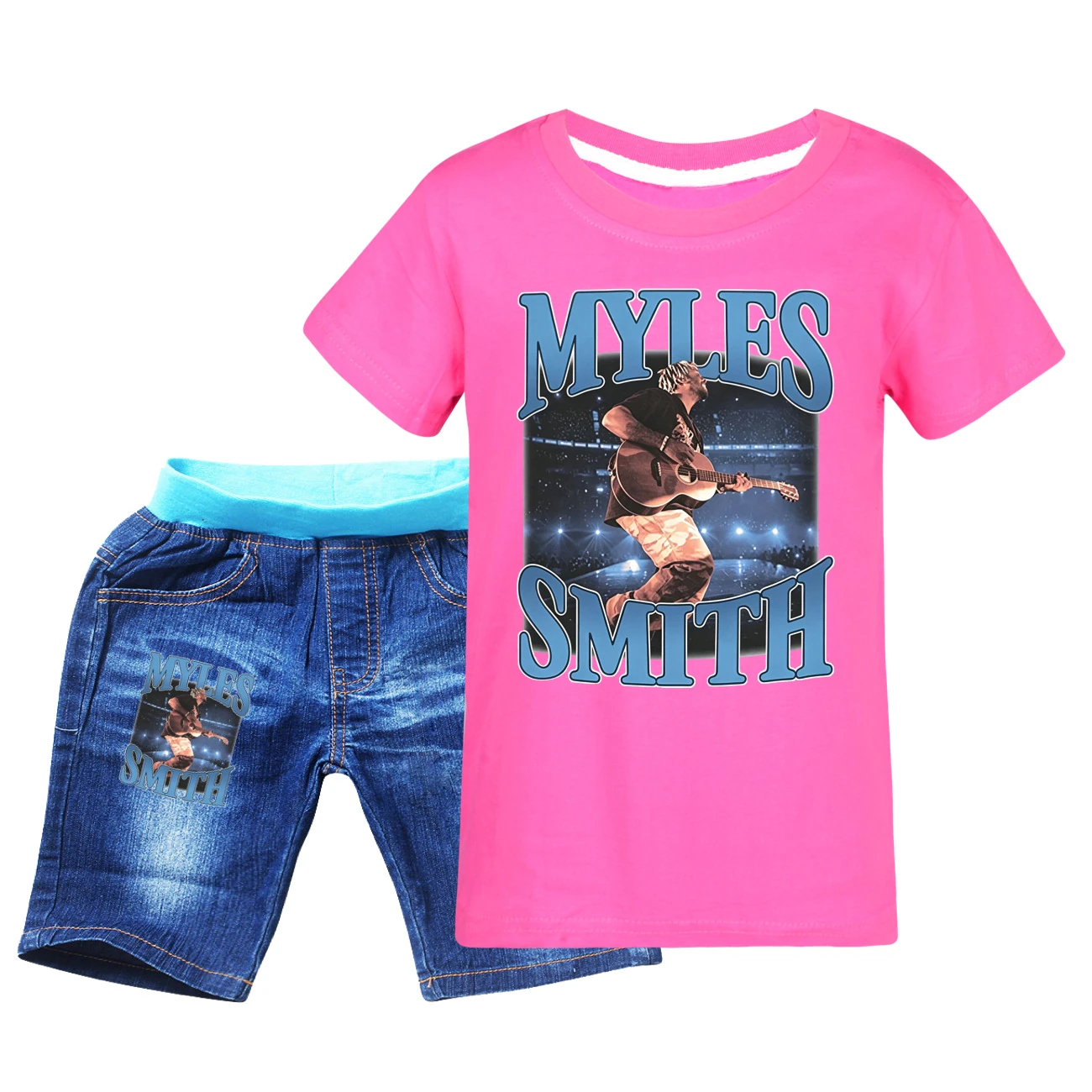 Graphic Tee & Denim Shorts Set — 5808 Edition, Style 08 · Denim · Rose