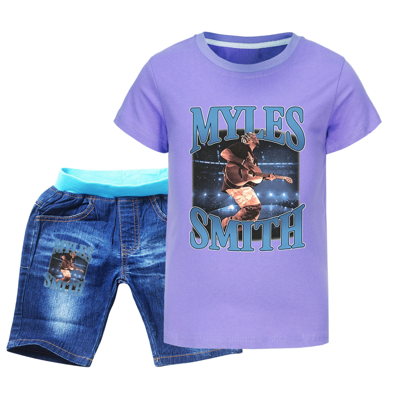 Graphic Tee & Denim Shorts Set — 5808 Edition, Style 09 · Denim · Purple