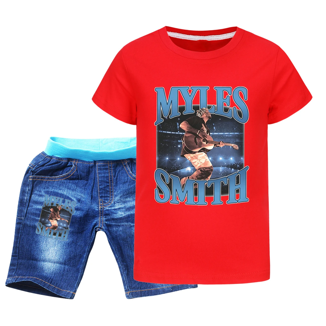 Graphic Tee & Denim Shorts Set — 5808 Edition, Style 10 · Denim · Red