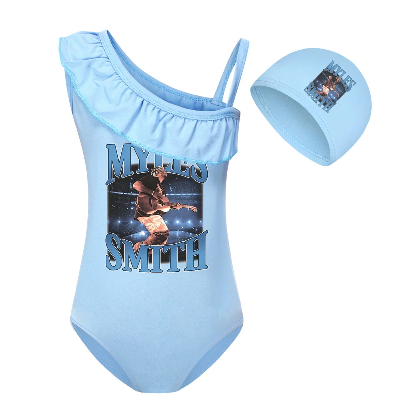 Girls’ One-Piece Swimsuit & Cap Set — 5808 Edition, Style 05 · Set · Light Blue