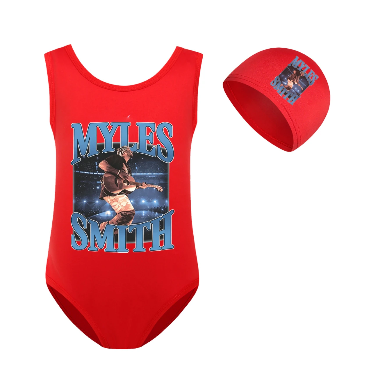Girls’ One-Piece Swimsuit & Cap Set — 5808 Edition, Style 11 · Set · Red