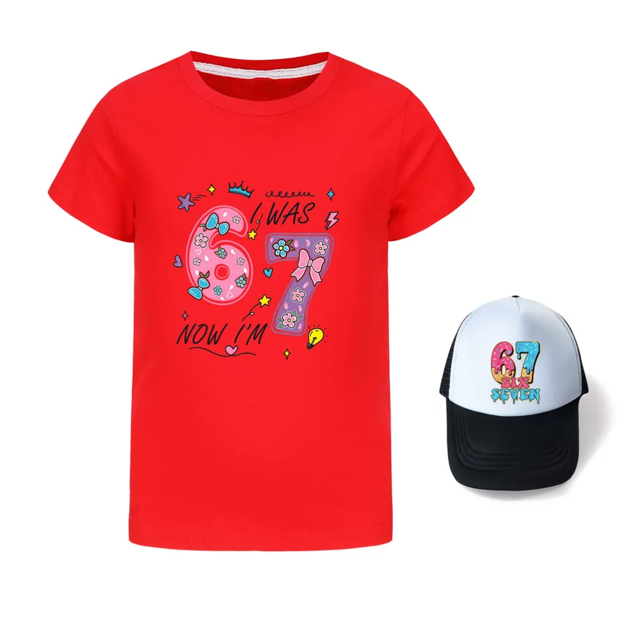 Graphic Tee & Sun Hat Set, Style 03 · Red