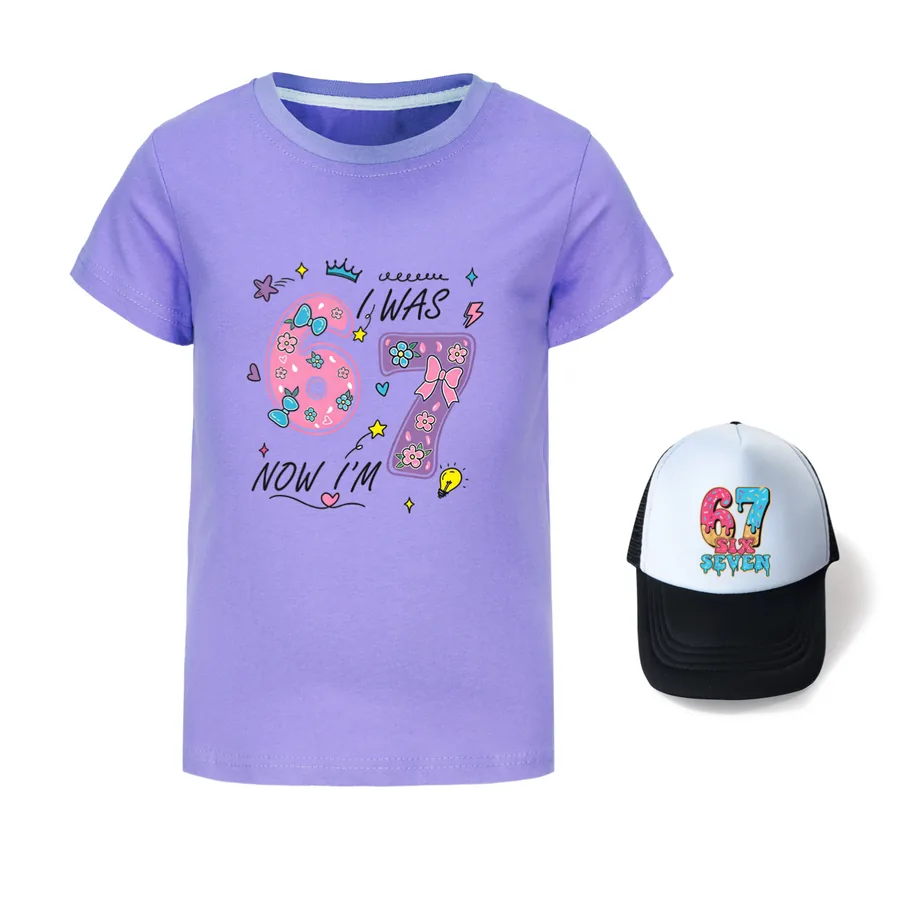 Graphic Tee & Sun Hat Set, Style 04 · Purple
