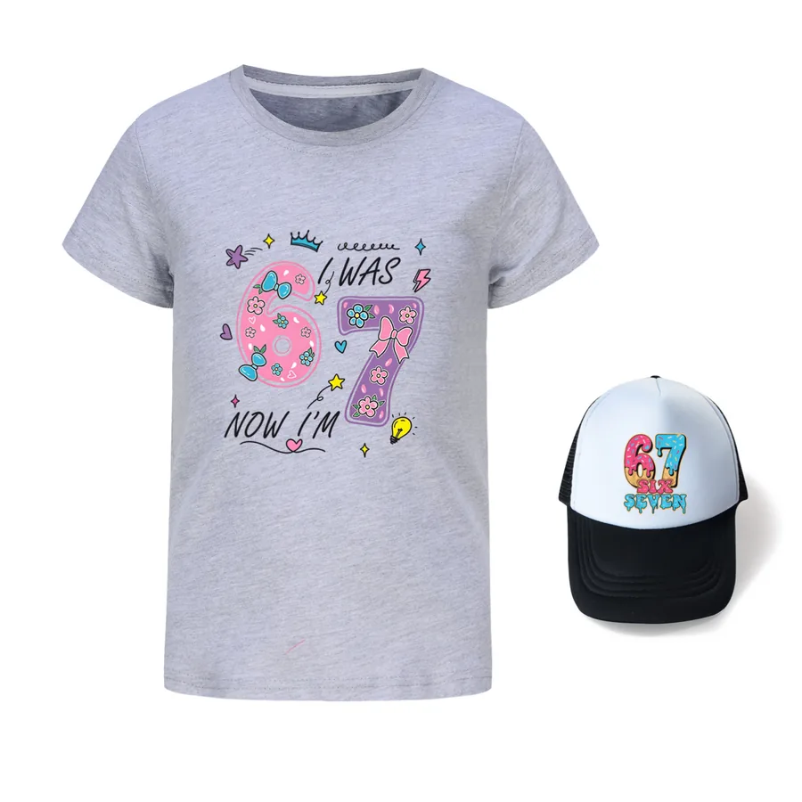 Graphic Tee & Sun Hat Set, Style 05 · Grey