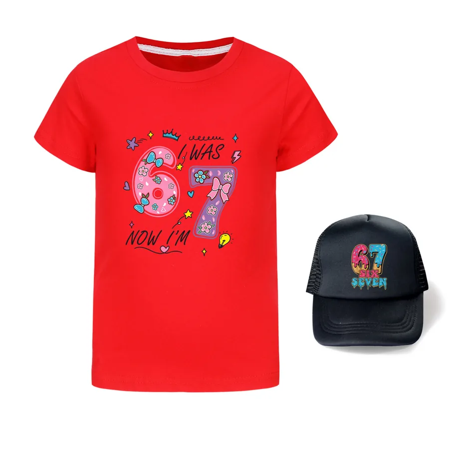 Graphic Tee & Sun Hat Set, Style 17 · Red