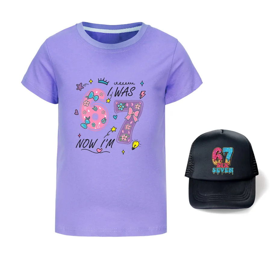 Graphic Tee & Sun Hat Set, Style 18 · Purple