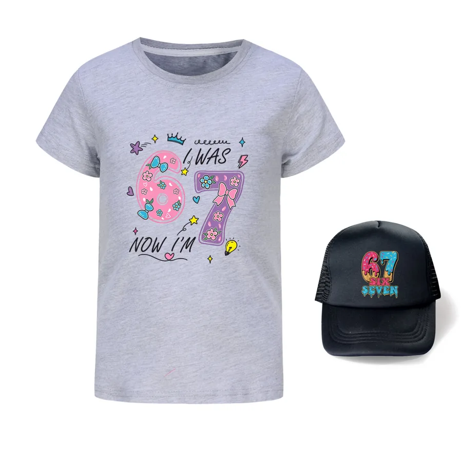 Graphic Tee & Sun Hat Set, Style 19 · Grey