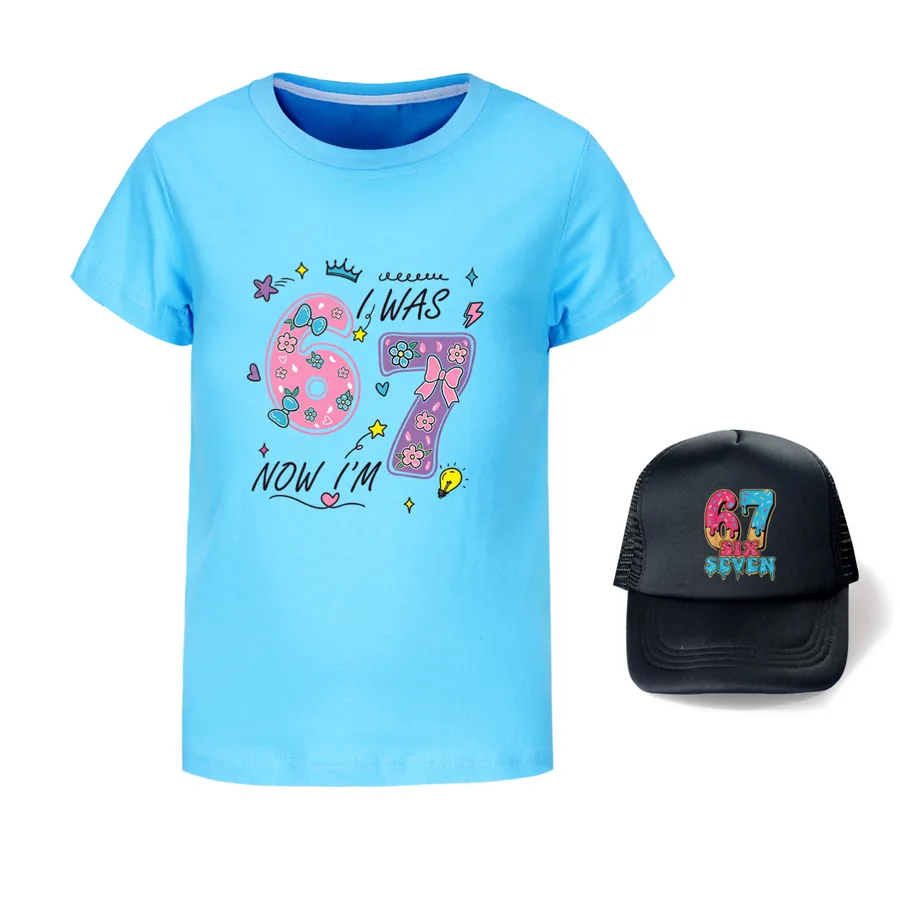 Graphic Tee & Sun Hat Set, Style 22 · Light Blue