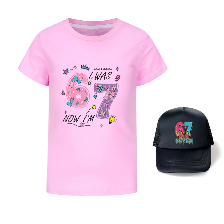 Graphic Tee & Sun Hat Set, Style 25 · Pink