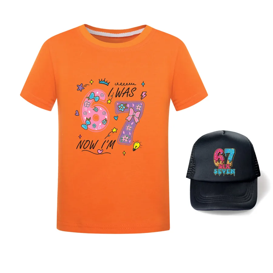 Graphic Tee & Sun Hat Set, Style 27 · Orange