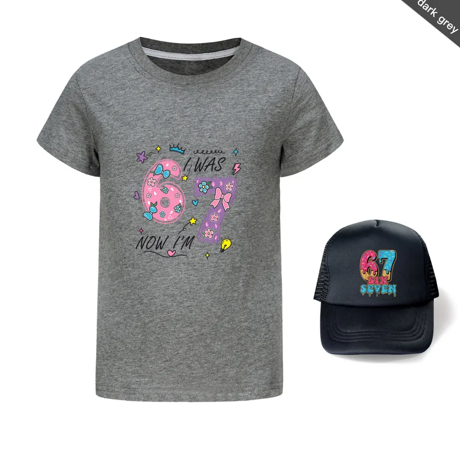 Graphic Tee & Sun Hat Set, Style 28 · Dark Grey