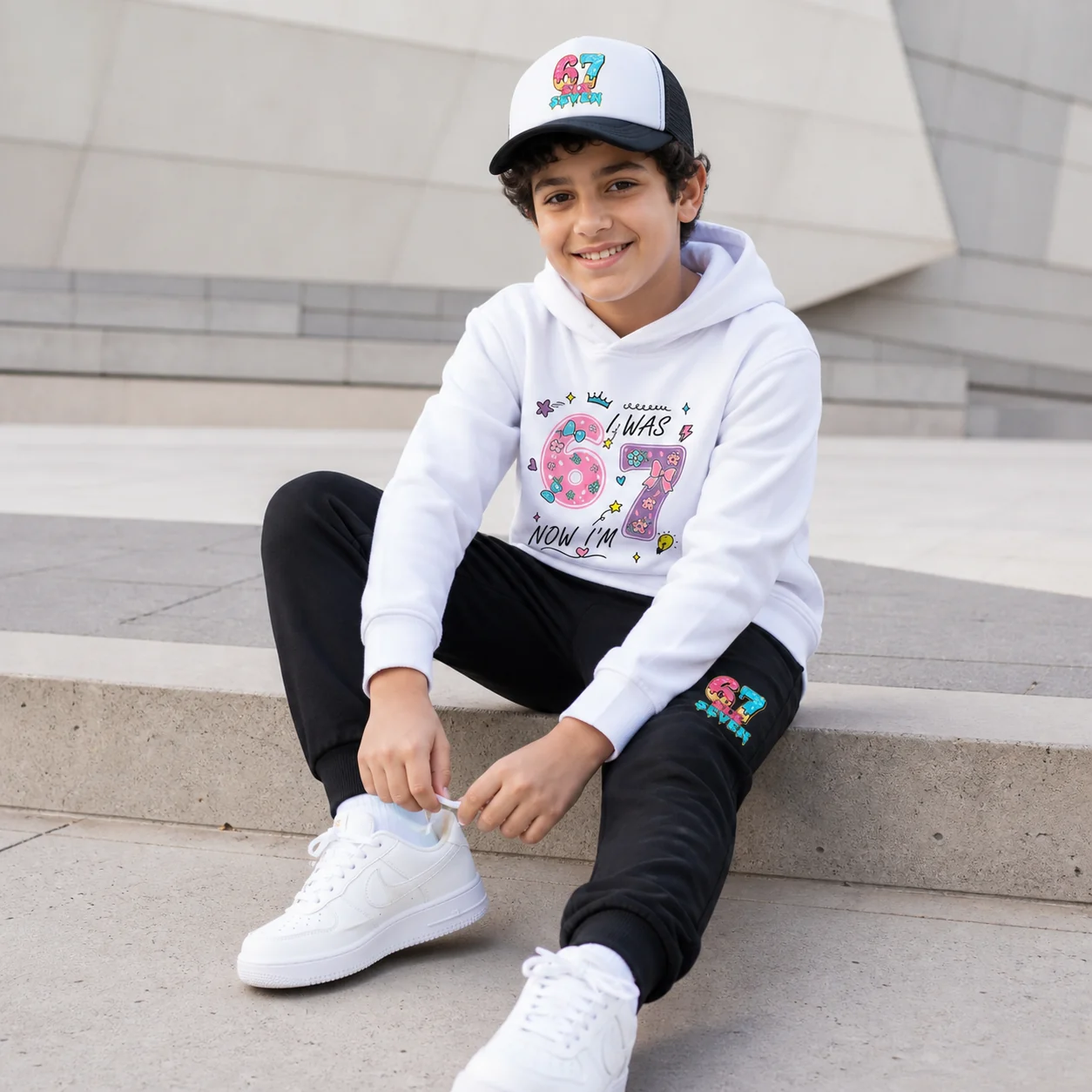 Three-Piece Hoodie, Jogger & Hat Set, studio on-body view