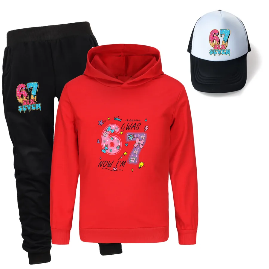 Three-Piece Hoodie, Jogger & Hat Set, Style 03 · Red
