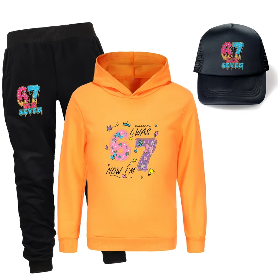 Three-Piece Hoodie, Jogger & Hat Set, Style 26 · Orange