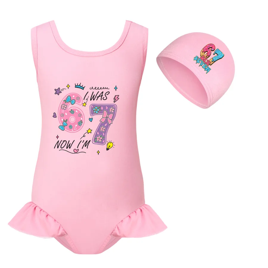 Girls’ Swimsuit & Cap Set, Style 04 · Set · Pink